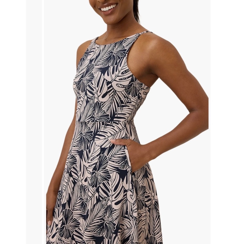 Pact Fit and Flare Dress Womens Medium Midnight Blue Palms Organic Cotton Twist